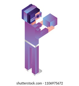 futuristic man with reality virtual mask and cube isometric