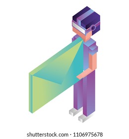 futuristic man with reality virtual mask and envelope isometric