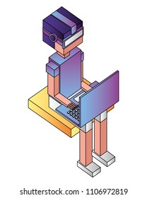 futuristic man sitting with reality virtual mask and laptop computer isometric