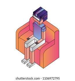 futuristic man sitting in sofa with reality virtual mask isometric