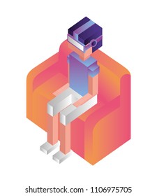 futuristic man sitting in sofa with reality virtual mask isometric