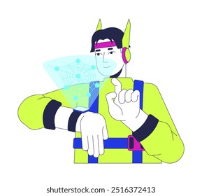 Futuristic man wristwatch hologram touching 2D cartoon character. Scifi technology. Gadget futurism techwear asian man isolated person flat vector on white background. Spot illustration colorful