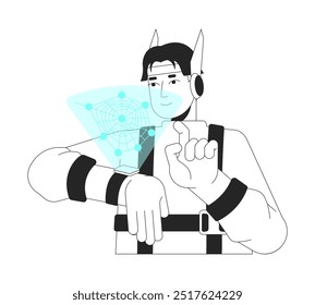 Futuristic man wristwatch hologram touching black and white 2D line character. Scifi technology. Gadget futurism techwear asian man isolated vector outline person. Monochromatic spot illustration