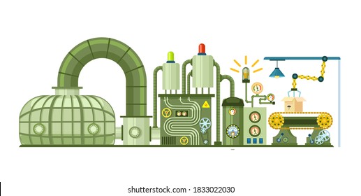Fabricación futurista. Proceso de producción industrial. Máquinas de robots factoría futurista con gálibos y brazo robótico. Tecnología de automatización de la fabricación e ilustración vectorial de máquinas eficientes