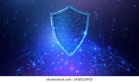 Futuristic map of the planet with wireframe low poly shield. World globalization internet and technology, cyber security. Abstract background with glowing planet Earth. Vector illustration. 