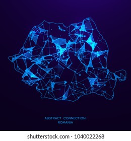 Futuristic map of Romania consisting of connecting lines and points. Polygonal texture. Abstract network connection . Digital country map . Technology vector illustration .
