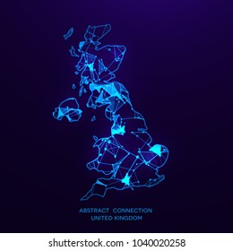 Futuristic map of United Kingdom of Great Britain consisting of connecting lines and points. Polygonal texture. Abstract network connection . Digital country map . Technology vector illustration .
