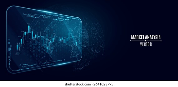 Futuristic market analysis interface with glowing candlestick chart and planet map. Global data visualization. Trading platform, investment economy analytics for FinTech background. Vector.