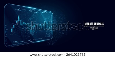Futuristic market analysis interface with glowing candlestick chart and planet map. Global data visualization. Trading platform, investment economy analytics for FinTech background. Vector.