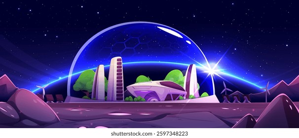 Futuristic mars colony under protective dome - sleek purple buildings, green trees, advanced transport vehicle. Starry night sky backdrop with planet on horizon with blue glow. Rocky purple terrain.