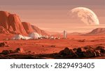 Futuristic Martian Colony Landscape with Large Moon Illustration