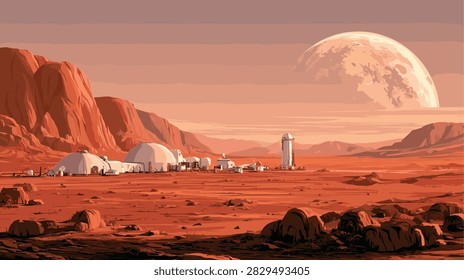 Futuristic Martian Colony Landscape with Large Moon Illustration