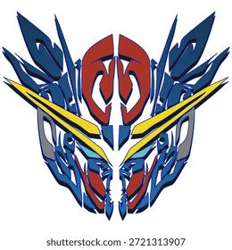 Design de cabeça de robô mecha futurista em azul, vermelho e amarelo, ilustração simétrica de ficção científica.