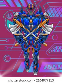 
Futuristic mecha robot with two weapons, perfect for design of t-shirts, stickers, merchandise, etc.