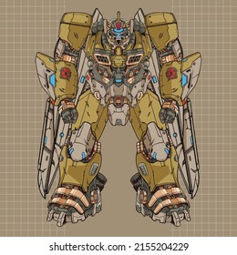 Futuristic mechanic builded by head arm body leg weapon illustration premium vector