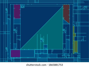 Futuristic, mechanical dark blue background. Abstract electrical circuit. Quadrilateral, line design. Mixed color, parliament, green, yellow.  Computer, robot brain, artificial intelligence. Vector 