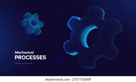 Futuristic Mechanical Processes Design With Blue Dotted Torus, Gear Shaped Ring, And Smooth Technological Flow On Dark Gradient. Industrial Components. Vector Illustration.
