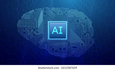 Futuristic Medical AI Brain Chip Digital Tech bg. 3D Abstract Circuit Network featuring Semiconductor, Neural Processor and Cloud Data. Vector Smart Cyber Connection Lines.