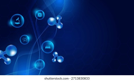 Futuristic medical background with DNA strands and science icons. 3D illustration of hexagon grid and biotechnology concept for healthcare innovation and AI research.
