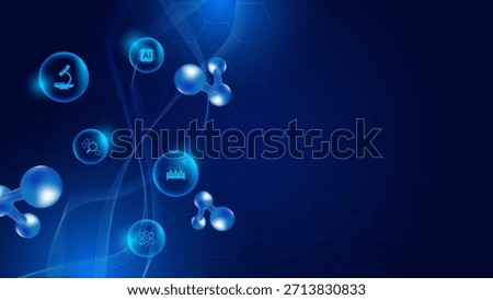Futuristic medical background with DNA strands and science icons. 3D illustration of hexagon grid and biotechnology concept for healthcare innovation and AI research.