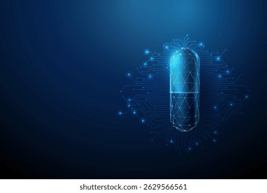 Futuristic medical capsule with electronic circuit lines background. Digital healthcare, smart medicine, biotechnology, AI-powered treatment concept. Low poly style. Geometric tech background. Vector.