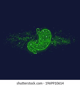 Futuristic medical concept with green human stomach organ and plexus elements. Abstract geometric design with plexus effect on dark background. Healthcare banner with copy space.