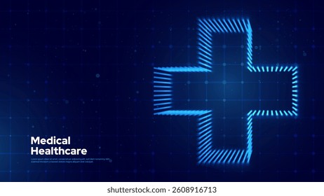 Futuristic Medical Cross Symbol on Digital Grid Background. Modern Healthcare, Telemedicine, and Health Technology Concept for Innovation and AI. Vector Illustration.