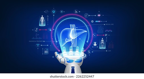 Futuristic medical cybernetic robotics technology. Human liver virtual hologram float away from robot hand with medical icon. Innovation artificial intelligence robots assist care health. 3D Vector.