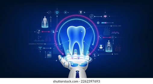 Tecnología de robótica cibernética médica futurista. El holograma virtual de dientes humanos flota lejos de la mano del robot con icono médico. Los robots de inteligencia artificial para la innovación ayudan a la salud de la atención. Vector 3D.