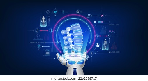 Futuristic medical cybernetic robotics technology. Human backbone disc virtual hologram float away from robot hand. Innovation artificial intelligence robots assist care health. 3D Vector.