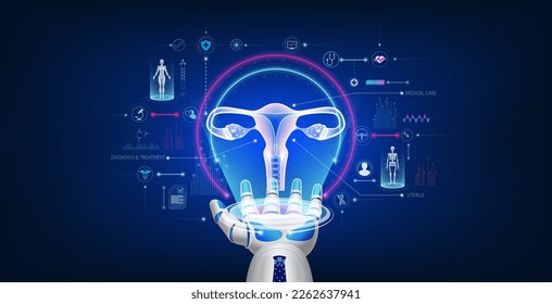 Futuristic medical cybernetic robotics technology. Female uterus virtual hologram float away from robot hand with medical icon. Innovation artificial intelligence robots assist care health. 3D Vector.