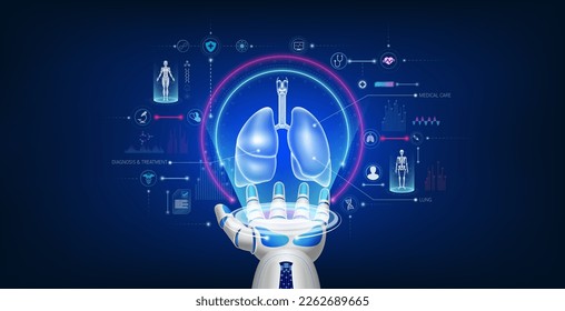 Futuristic medical cybernetic robotics technology. Human lung virtual hologram float away from robot hand with medical icon. Innovation artificial intelligence robots assist care health. 3D Vector.