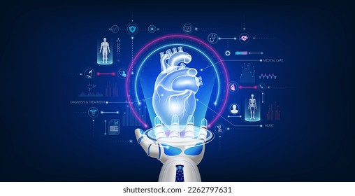 Futuristic medical cybernetic robotics technology. Human heart virtual hologram float away from robot hand with medical icon. Innovation artificial intelligence robots assist care health. 3D Vector.