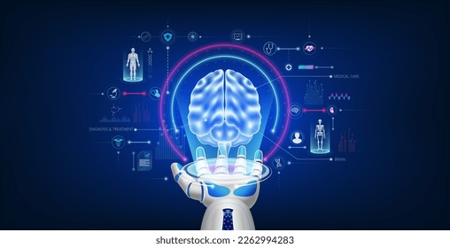 Tecnología de robótica cibernética médica futurista. El holograma virtual del cerebro humano se aleja de la mano del robot con icono médico. Los robots de inteligencia artificial para la innovación ayudan a la salud de la atención. Vector 3D.