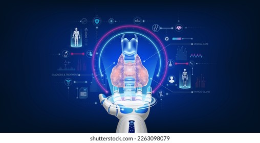 Futuristic medical cybernetic robotics technology. Thyroid gland virtual hologram float away from robot hand with medical icon. Innovation artificial intelligence robots assist care health. 3D Vector.