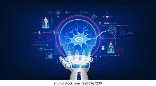 Futuristic medical cybernetic robotics technology. Human neural structure virtual hologram float away from robot hand. Innovation artificial intelligence robots assist care health. 3D Vector.