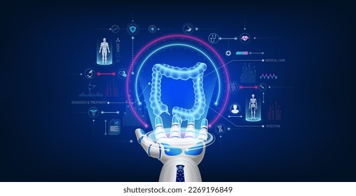 Futuristic medical cybernetic robotics technology. Human intestine virtual hologram float away from robot hand with medical icon. Innovation artificial intelligence robots assist care health. Vector