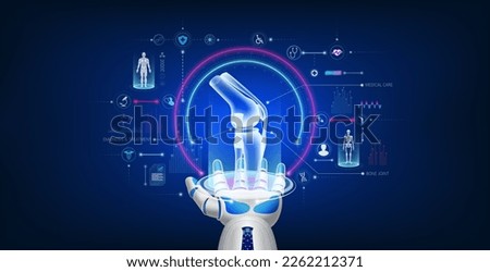 Futuristic medical cybernetic robotics technology. Bone joint virtual hologram float away from robot hand with medical icon. Innovation artificial intelligence robots assist care health. 3D Vector.