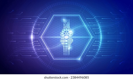 Futuristic Medical Hologram Bone-Joint, Cartilage, Bone Density, Fracture Prevention Clinical Care Cybernetic Robotic Neon Glow Translucent Circuit Board Digital Hexagon Block Backdrop Background