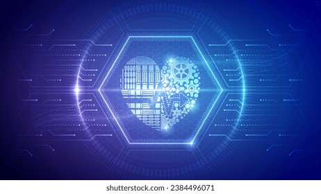 Holograma médico futurista Impulso de forma cardíaca, Signo vital, cardiología, función cardíaca Cuidados clínicos Cibernetica Robótica Neón Glow Translucent Junta Digital Bloque de Hexágono Fondo