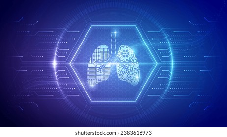 Futuristic Medical Hologram Human Lungs Pulmonary, Bronchial, Respiratory System Clinical Care Cybernetic Robotic Neon Glow Translucent Circuit Board Digital Hexagon Block Backdrop Background