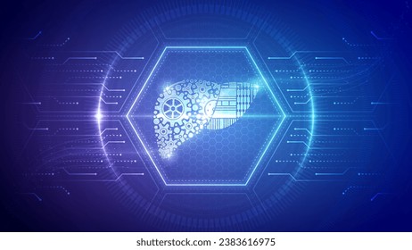 Holograma médico futurista Hígado, Sistema Hepático, Hepatología, Gastroenterología Digestión Clínica Clínica Cibernetica Robótica Neon Glow Translucent Junta Digital Hexagon Fondo