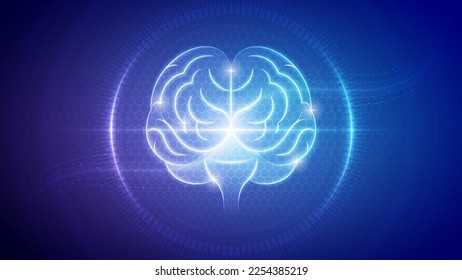 Futuristic Medical Hologram Neon Glow Translucent Human Brain Front View Central Nervous System Backdrop Background Illustration