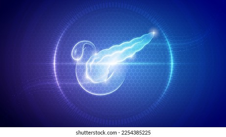 Futuristic Medical Hologram Neon Glow Translucent Human Pancreas, Gallbladder Endocrine, Digestive System Backdrop Background Illustration