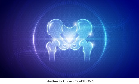 Futuristic Medical Hologram Neon Glow Translucent Human Hip Bone and Joint Articular Skeletal System Backdrop Background Illustration