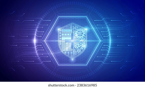 Futuristic Medical Hologram Protection Immunity Insurance Defense Safety Shield Clinical Care Cybernetic Robotic Neon Glow Translucent Circuit Board Digital Hexagon Block Backdrop Background