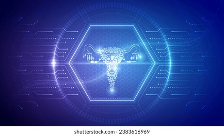 Futuristic Medical Hologram Uterus, Ovaries, Female Reproductive System, Gynecology Clinical Care Cybernetic Robotic Neon Glow Translucent Circuit Board Digital Hexagon Block Backdrop Background