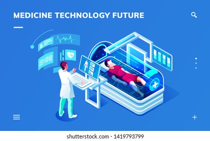 Futuristic medical isometric room with doctor doing medicine diagnostic or service. Future healthcare treatment. Man in modern hospital or contemporary clinic tube or MRI. Smartphone application