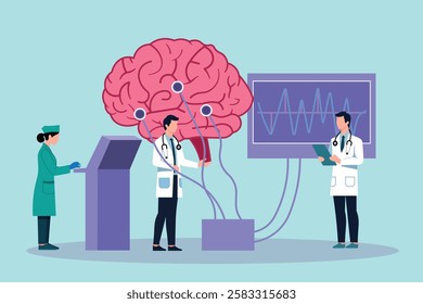 Futuristic medical research illustration showing doctors analyzing a human brain with advanced technology, neuroscience, AI in healthcare, brain scan, neurology, and cognitive science concept.