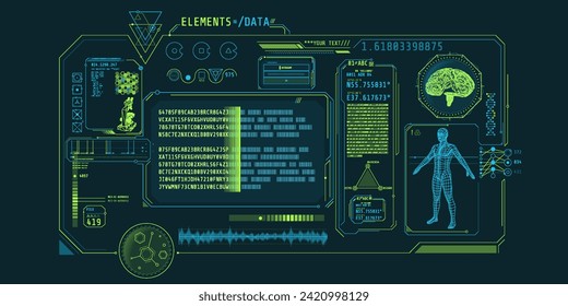 Futuristic medical research program interface with data decoding.